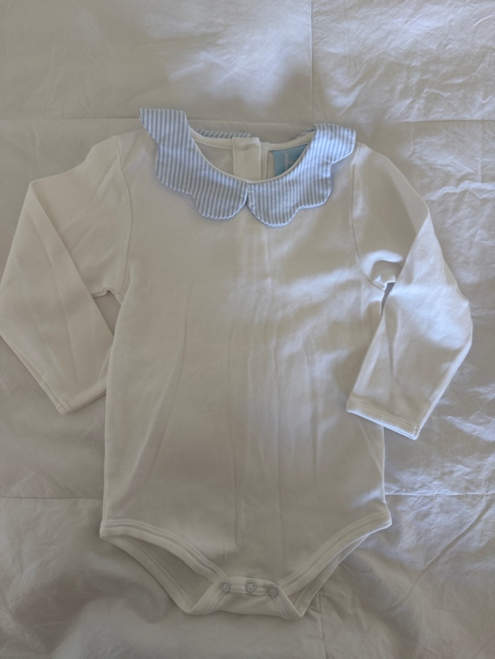 Bella Bliss White Long-Sleeve Baby Onesie with Blue Striped Scallop Collar